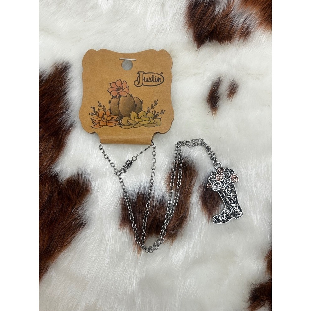 Justin Silver Tone Cowboy Boot Flower Bouquet Pendant Necklace Western Jewelry
